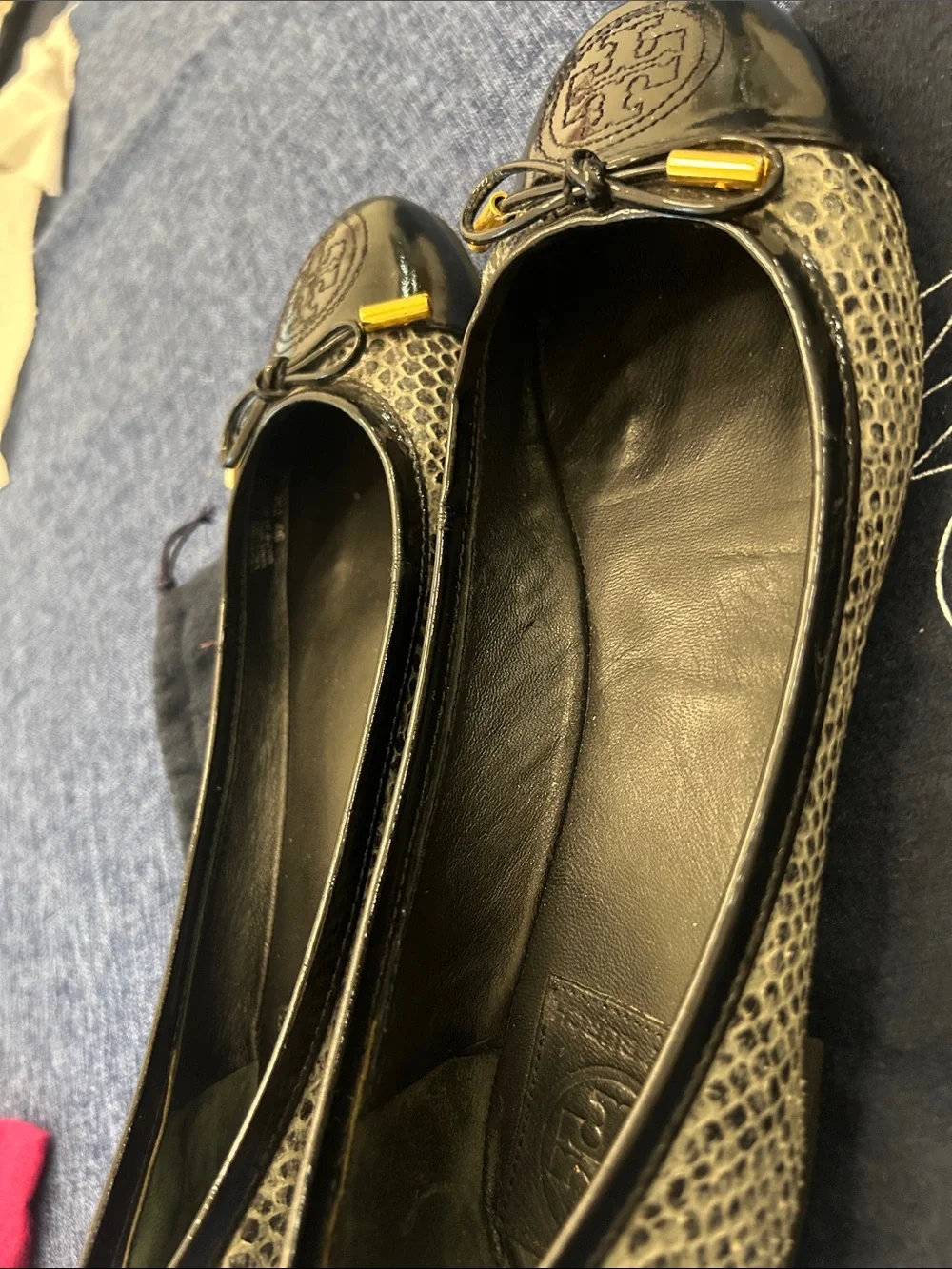 Tory Burch Black Patent & Snakeskin-Trim Logo Ballet Flats